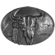 Buffalo Skull/Feathers Antiqued Belt Buckle